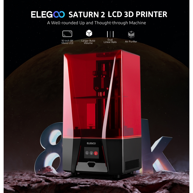 ELEGOO Saturn 2 8K 3D Printer, MSLA UV Resin Printer with 10 inch  Monochrome LCD, Air Purifier and Screen Protector, 219x123x250mm Larger  Printing